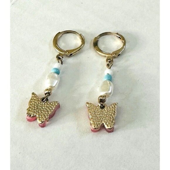 Y2K Lucite Pink Butterfly Earrings Beaded Teal Pearly Drop Dangle Huggie Hoop - Picture 2 of 4